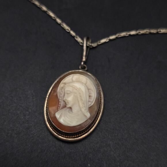 Antique Virgin Mary Madonna Cameo Necklace 900 Silver Chain - Picture 1 of 8